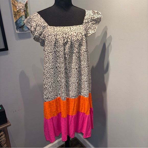 Leopard Colorblock Tiered Midi Dress SzM Flutter Sleeves Boho‎ Peasant c - Picture 1 of 13